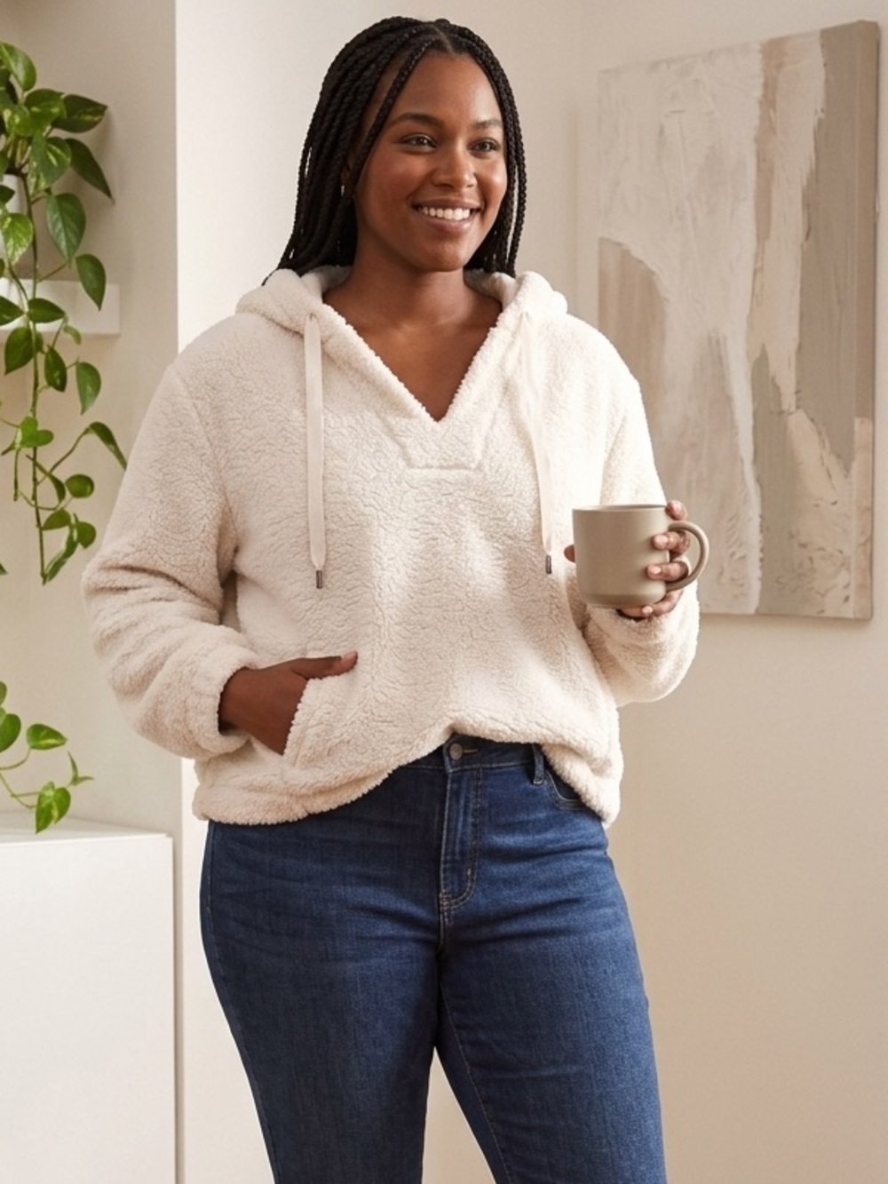 LOFT Ivory Sherpa Hoodie Pullover